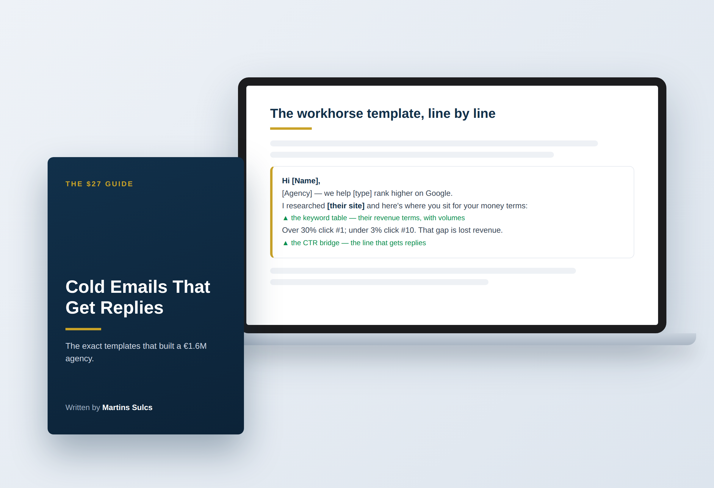 The guide’s cover next to an annotated page of the workhorse cold-email template